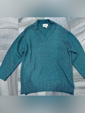 Vintage Diane Von Furstenberg Teal Metallic V Neck Sweater Size 2X